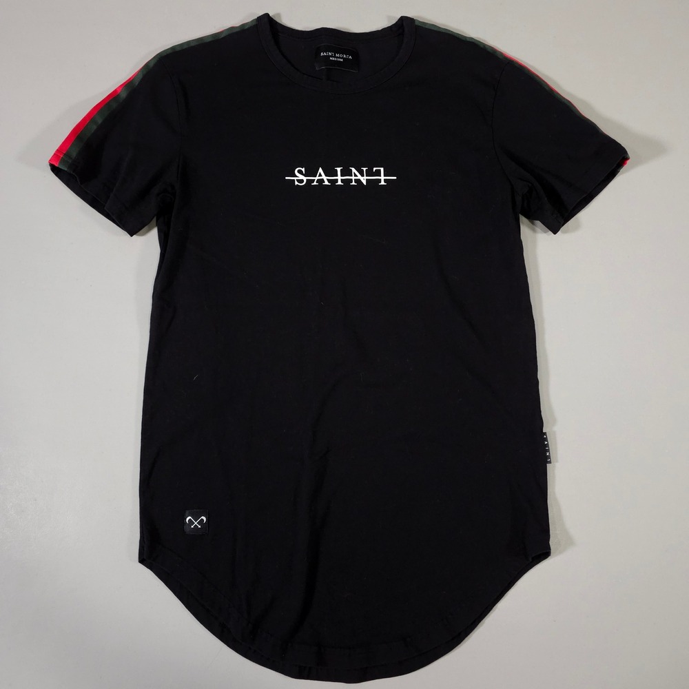 Saint Morta T-Shirt Mens Medium‎ Black Red Green Stripe Longline Curved Hem Tee